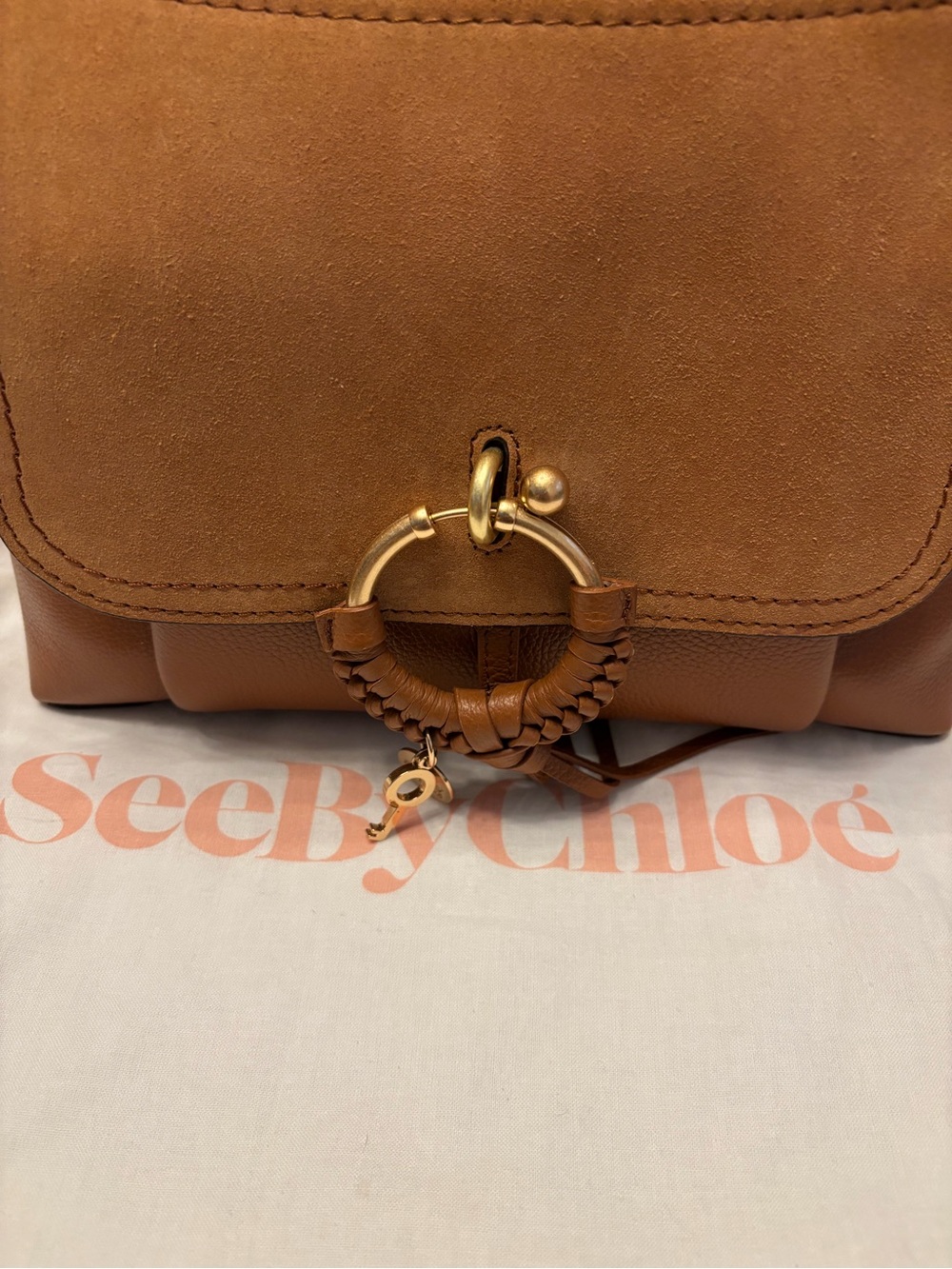 See By Chloe Cognac Leather & Suede Shoulder Bag with Gold Ring